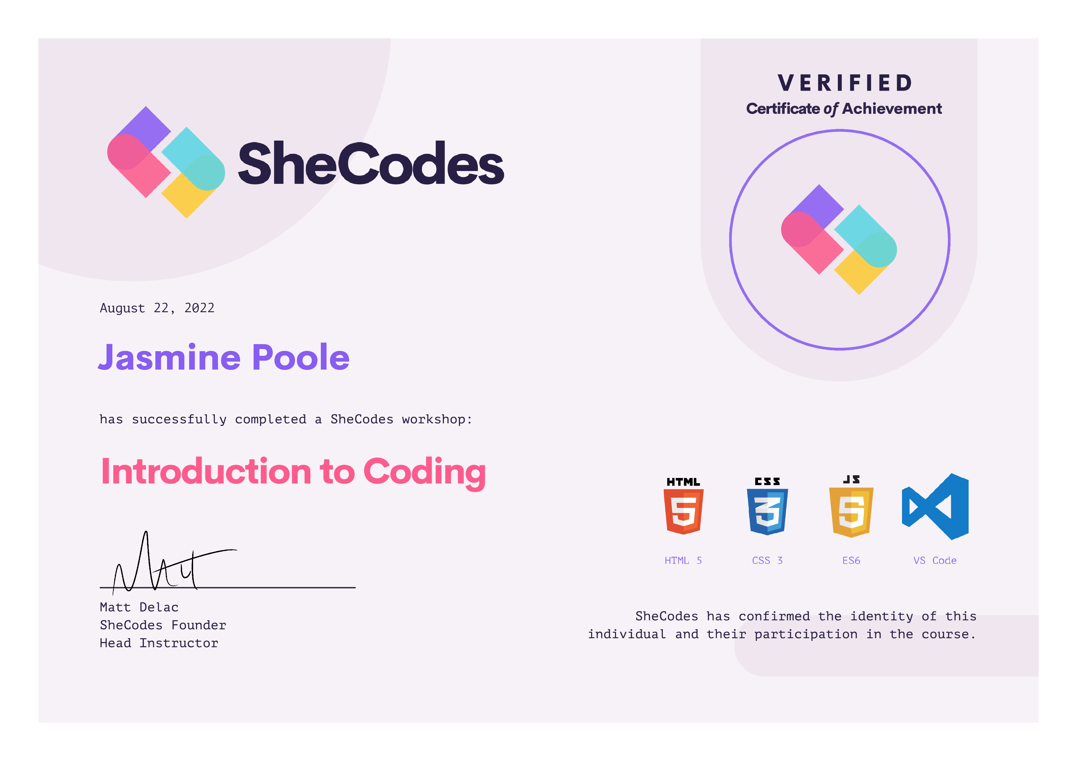 SheCodes Introduction to Coding Certificate