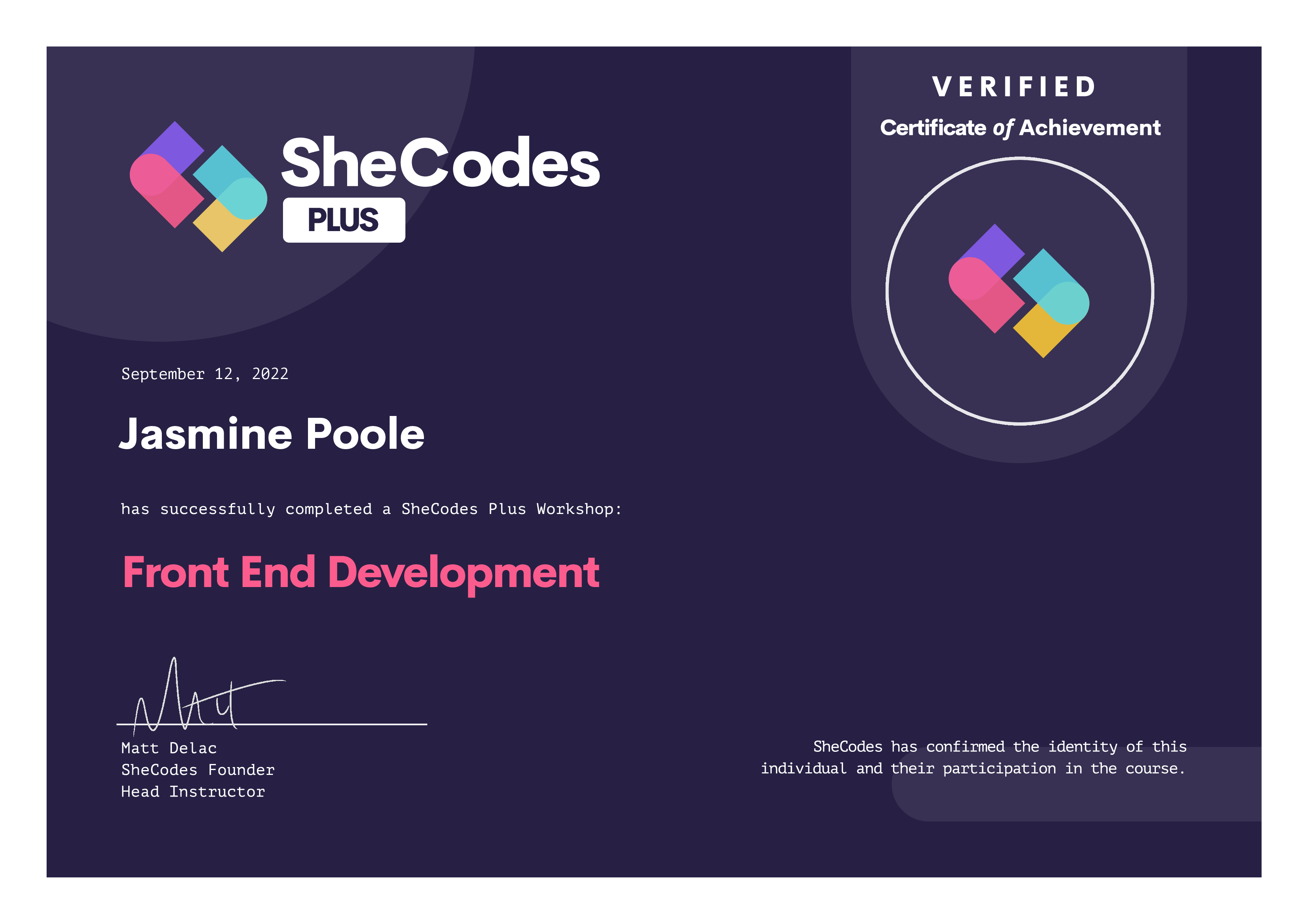 SheCodes Front End Development Certificate